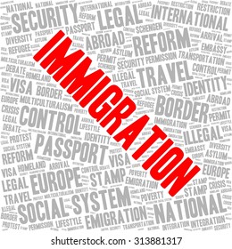 Immigration word cloud concept in a shape of square. Immigration tag is red and other tags are grey.