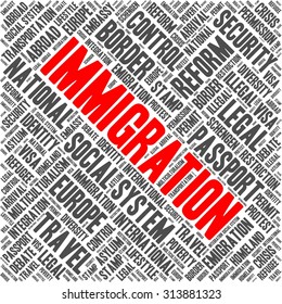 Immigration word cloud concept in a shape of square. Immigration tag is red and other tags are grey.