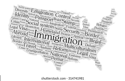 Immigration word cloud concept in a shape of United States silhouette. Black text on grey map.