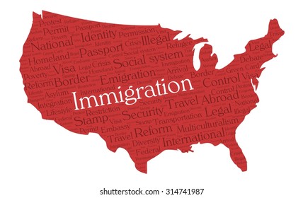 Immigration word cloud concept in a shape of United States silhouette. Dark red text on red map with highlighted immigration word