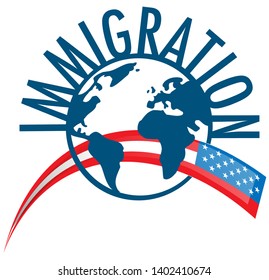 Immigration word concept around the world with USA flag