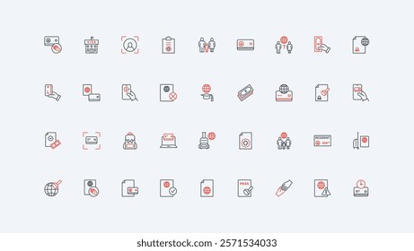 Immigration, work permit, visa approval process and status line icon set. Legal documents for family in foreign country travel, students study thin black and red outline symbols vector illustration