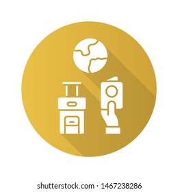 Immigration yellow flat design long shadow glyph icon. Trip planning, holiday vacation organization. Travelling abroad. Packed baggage. Migration document, passport. Vector silhouette illustration