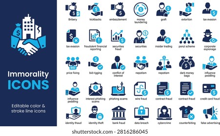 Immorality, corruption, and financial fraud vector icon set, depicting bribery, embezzlement, cybercrime, phishing, and corporate crimes, for graphic design projects.