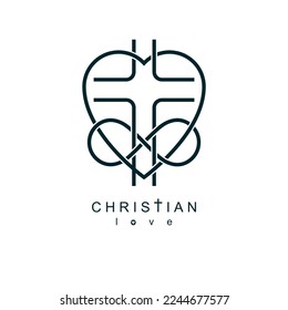 Immortal God Christian Love conceptual logo design combined with infinity loop sign and Christian Cross and heart, vector creative symbol.