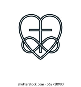 Immortal God Christian Love conceptual logo design combined with infinity loop sign and Christian Cross and heart, vector creative symbol.