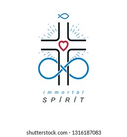 Immortal God conceptual logo design combined with infinity loop sign and Christian Cross, vector creative symbol.