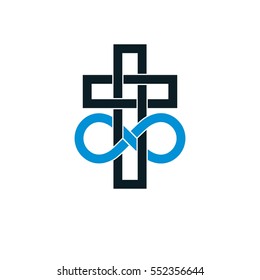 Immortal God conceptual logo design combined with infinity loop sign and Christian Cross, vector creative symbol.