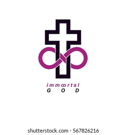 Immortal God conceptual logo design combined with infinity loop sign and Christian Cross, vector creative symbol.