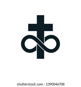 Immortal God conceptual symbol combined with infinity loop sign and Christian Cross, vector creative logo.