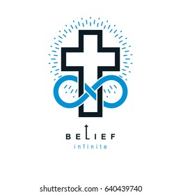 Immortal God conceptual symbol combined with infinity loop sign and Christian Cross, vector creative logo.