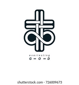 Immortal God conceptual symbol combined with infinity loop sign and Christian Cross, vector creative logo.