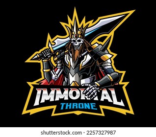 Immortal King with Powerful Sword Mascot Logo. Fearless Undead King Mascot Logo with his Majestic Sword