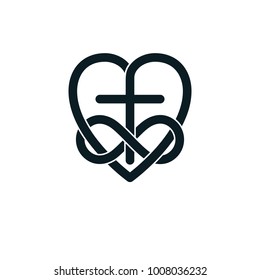 Immortal Love of God conceptual symbol combined with infinity loop sign and Christian Cross with heart, vector creative logo.