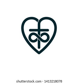 Immortal Love of God conceptual symbol combined with infinity loop sign and Christian Cross with heart, vector creative logo.