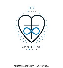 Immortal Love of God conceptual symbol combined with infinity loop sign and Christian Cross with heart, vector creative logo.