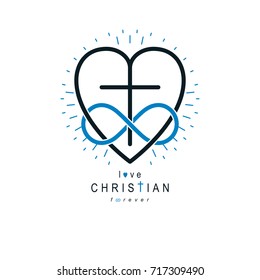 Immortal Love of God conceptual symbol combined with infinity loop sign and Christian Cross with heart, vector creative logo.