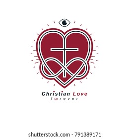 Immortal Love of God conceptual symbol combined with infinity loop sign and Christian Cross with heart, vector creative logo.