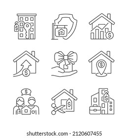 Immovable property purchasing linear icons set. Apartment and house buying. Home donation. Realty market. Customizable thin line symbols. Isolated vector outline illustrations. Editable stroke