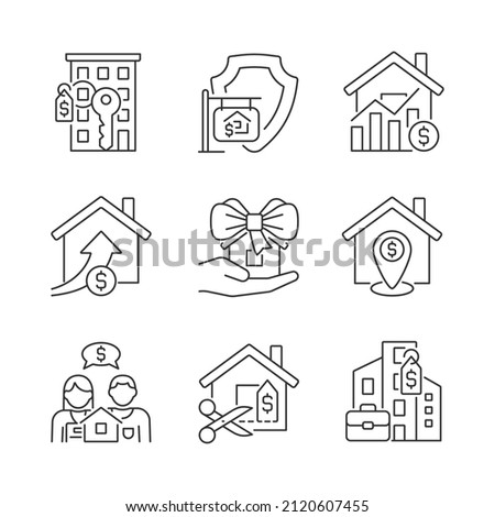 Immovable property purchasing linear icons set. Apartment and house buying. Home donation. Realty market. Customizable thin line symbols. Isolated vector outline illustrations. Editable stroke