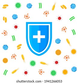 Immune bacteria system sign. Antibacterial virus sign. Immune protection antiseptic, anti disease immune icon
