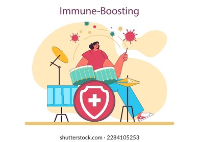 Immune boosting as a positive effect of playing drums. Female character' creative hobby. Drummer practising or performing music, playing musical instrument. Flat vector illustration