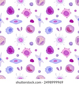 immune cells pattern. Neutrophil, Basophil, Eosinophil, Monocyte and Fibroblast, cartoon flat different shaped blood cells. vector biology medical objects seamless pattern.