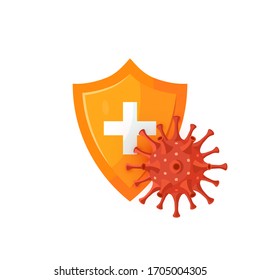 Concepto de defensa inmune. Protector médico con coronavirus esférico. Ilustración vectorial aislada en un fondo blanco al estilo de las caricaturas. Diseño para infografías, banners web, afiches, publicaciones en redes sociales