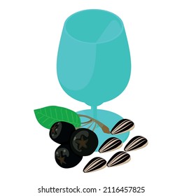 Icono de bebida inmune vector isométrico. Goblet de vidrio, hojaldre y semilla de girasol. Ingredientes naturales, alimentos saludables, bebida vegana
