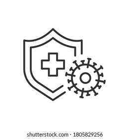 immune from flu germ icon, virus protection, hygiene shield, bacterial prevention, thin line web symbol on white background - editable stroke vector illustration eps10