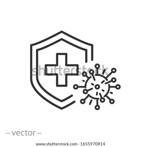 immune from flu germ icon, virus protection, hygiene shield, bacterial prevention, thin line web symbol on white background - editable stroke vector illustration eps10