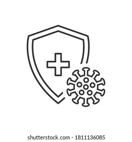 Immune flu germ line icon. Virus protection symbol vector isolated on white. Shield and virus linear illustration. Antibacterial protection concept.