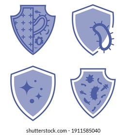 Immune guard. Healthy bacteria, virus protection. Stop virus. Antibacterial protection or immune system icon. Hygienic medical blue shield protecting from germs. Antiviral concept. Vector illustration