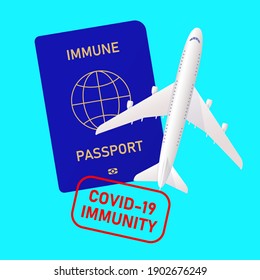 Immune passport, airplane, stamp COVID-19 immunity. Covid-19 immunity passport. Travel in a pandemic. Coronavirus and travel concept. Immune passport for travel. Tourist health passport.