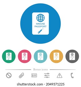 Immune passport flat white icons on round color backgrounds. 6 bonus icons included.