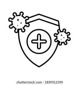 Immune protection from bacteria and viruses concept outline icon isolated on white background. Shield and coronavirus outline vector illustration.