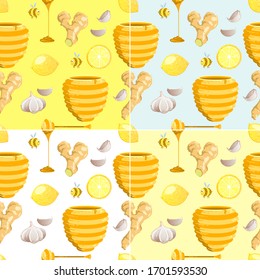 Immune protection seamless vector pattern: ginger, lemon, honey and garlic.