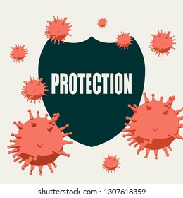 Immune protection system relative image. Abstract viruses attack on shied with protection text. Vaccination theme. Virus model flying in space. Pharmaceutical industry and medical equipment research