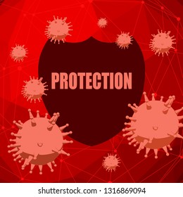 Immune protection system relative image. Abstract viruses attack on shied with protection text. Vaccination theme. Virus model flying in space. Pharmaceutical industry and medical equipment research