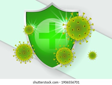 Immune shield icon. Concept with a medical shield and viruses.