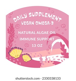 Immune support daily supplement vegan omega 3. Natural products and care for health, eating and nourishment addition, supportive. Package logotype or label, emblem or logo. Vector in flat style