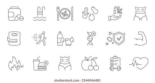 Suporte Imunológico, Nutrição, Conjunto de Ícones de Linha de Exercício para Vida Saudável. Dieta, hidratação e símbolos de aptidão. Traço editável. Ilustração de vetor isolada.