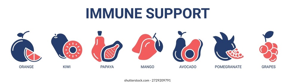 Concepto de Ilustración vectorial de ícono de Anuncio de Web de Asistencia inmune con ícono de naranja, kiwi, papaya, mango, aguacate, granada y uvas.