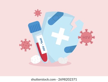 Sistema imunitário afetado pelo vírus HIV. Escudo rachado. Texto sanguíneo positivo para HIV. Campanha de sensibilização para a SIDA e o VIH. Ilustração vetorial em estilo plano.