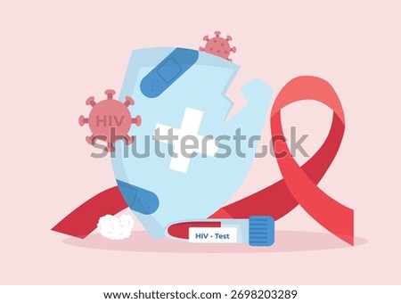 Immune system affected by HIV virus. Cracked shield. Positive HIV blood text. AIDS and HIV red ribbon awareness campaign. Vector illustration in flat style.