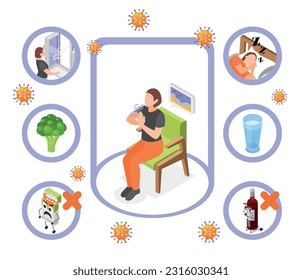 El sistema inmunitario impulsa una buena hidratación del sueño alimenticio no malos hábitos composición isométrica ilustración vectorial