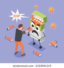 Immune system boost isometric concept with man giving up smoking fighting with packet of cigarettes vector illustration