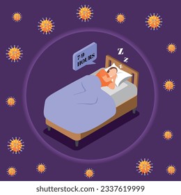 Immune system boost isometric concept with woman getting enough sleep to be healthy and protected from viruses 3d vector illustration