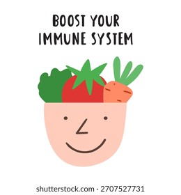 Immune System Boost. Minimal head with vegetables for health websites and nutrition education materials.