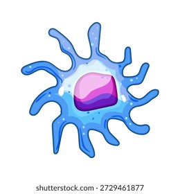 Células do sistema imunológico com processos de ramificação e um núcleo central representam biologia, medicina, microbiologia e defesa celular contra vírus, bactérias e doenças